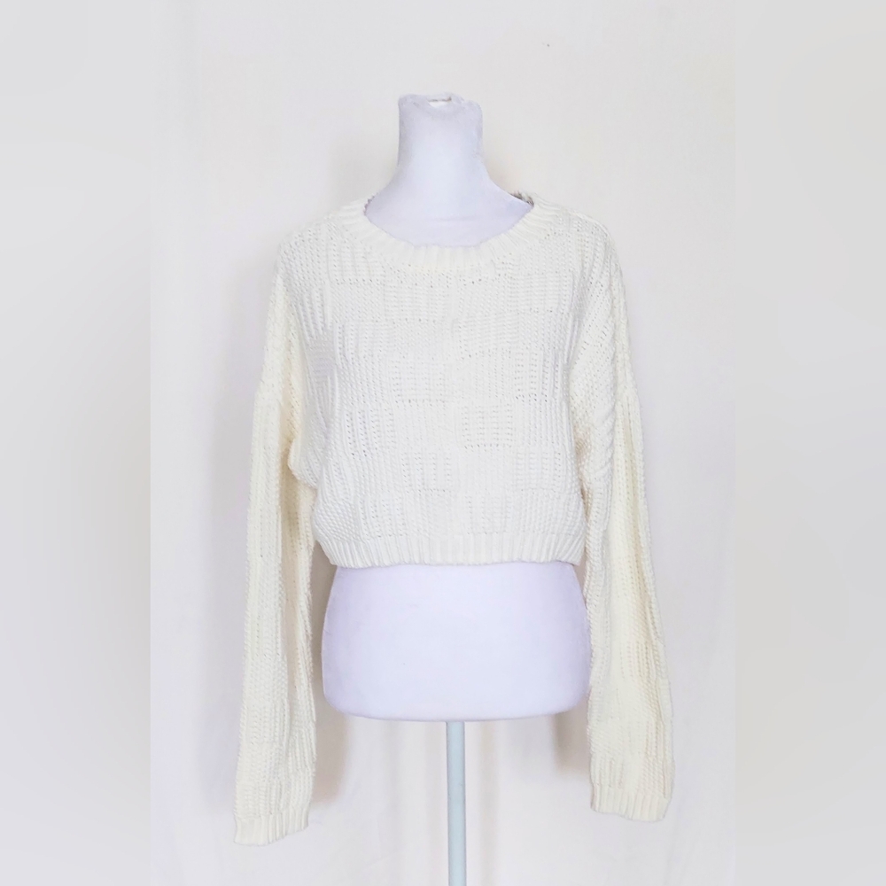 Willow & Wind Long Sleeve Square Weave Cropped Sweater Ivory Womens Medium